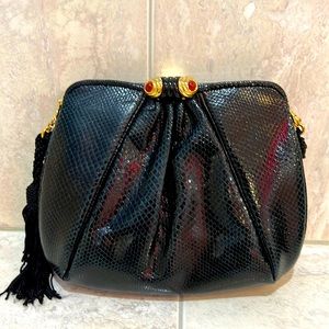 Vintage~Judith Leiber~Black Snake Skin with Gold and Carnelian stones clasp bag